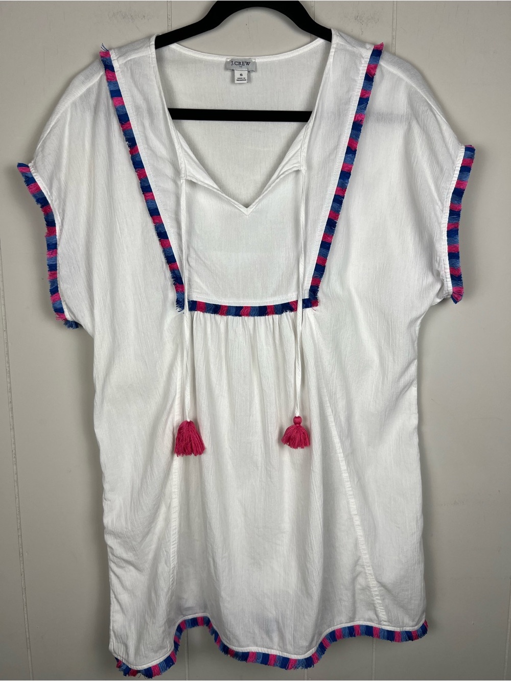 J. Crew White V-Neck Tunic with Pink and Blue Trim